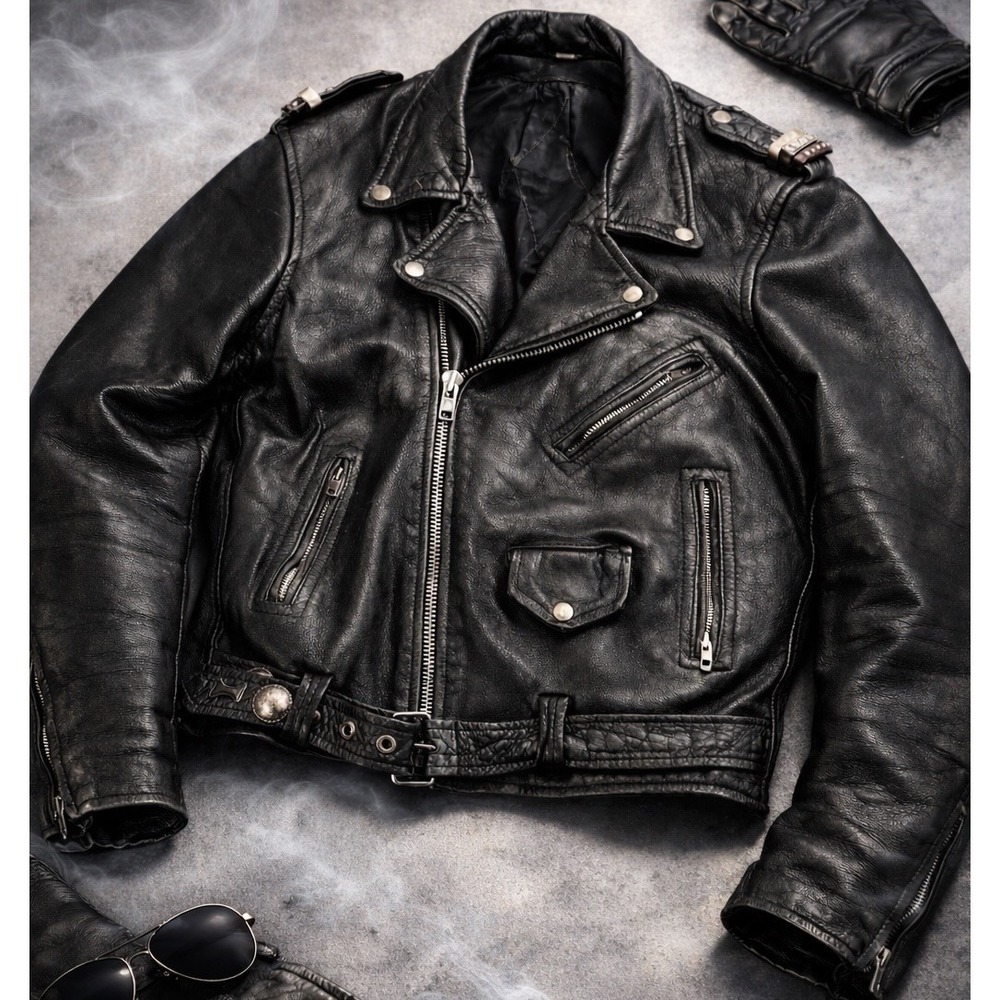 Vintage 80s 90s Black Leather Motorcycle Jacket XL Biker Snap Belt